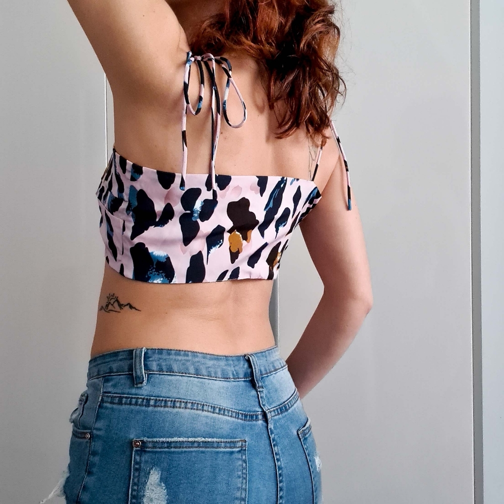 My Girl crop top in pink with leopard print, front tie, size 8 - Picture 2 of 6
